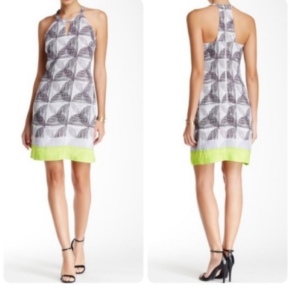 Laundry by Shelli Segal  halter dress, neon trim,shift,geometric AOP ,PTP 16”S/M